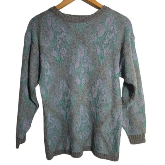Vintage Sweaters - Vintage Floral Argyle Crewneck Wool Blend Pullover Sweater Medium 90s